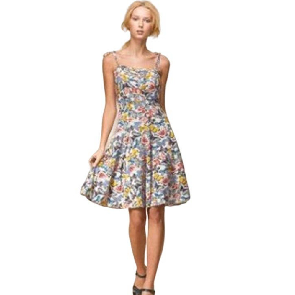 L.L. Bean Fit & Flare Dress Butterfly Pattern Tie Straps Size 8 Multicolor Dress